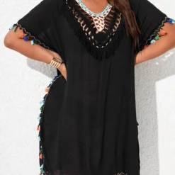 V Neck Black Plus Size Tassel Cover Up 7 V Neck Black Plus Size Tassel Cover Up -Rosewe Online Store 327047 P 16786917331852