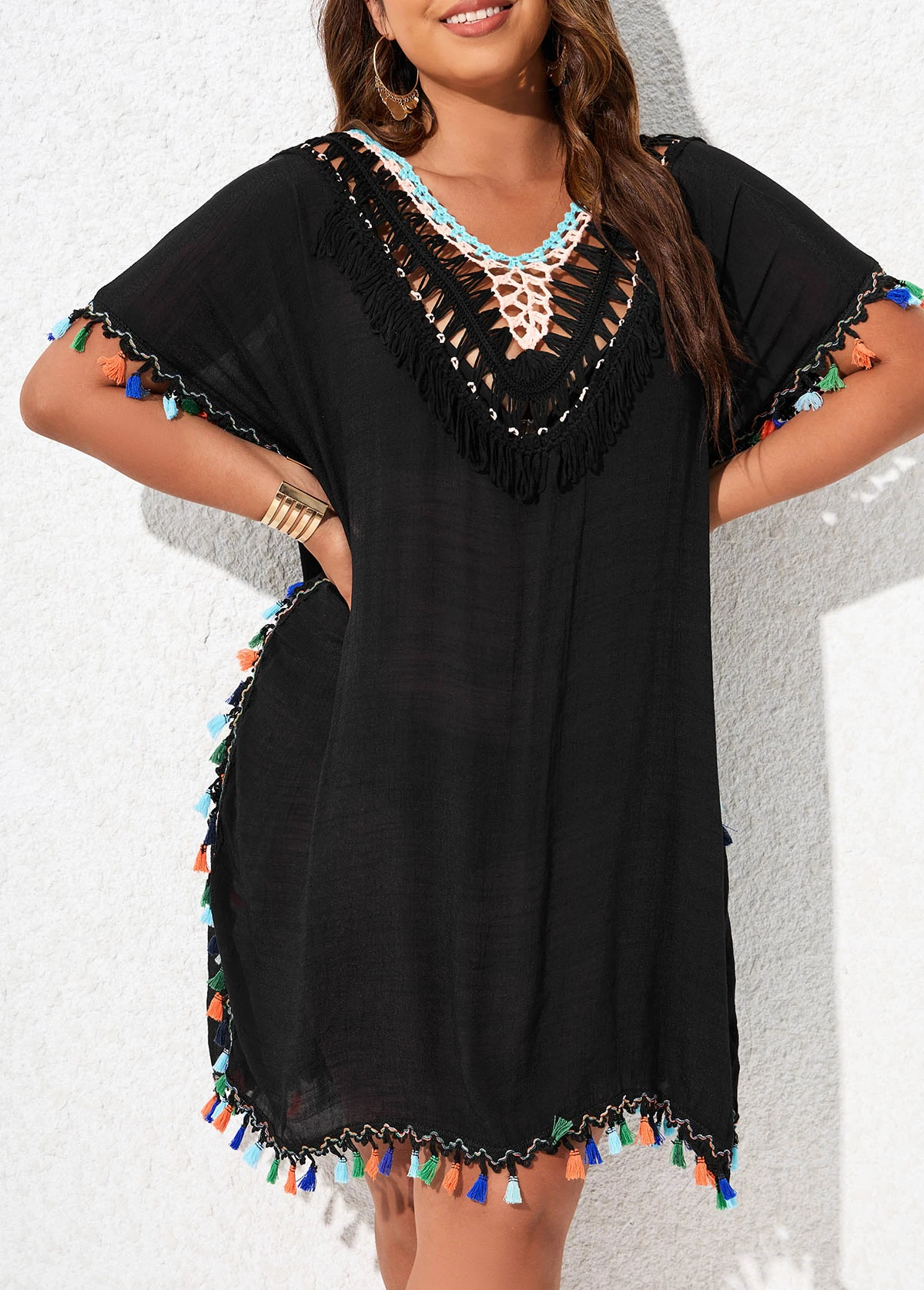 V Neck Black Plus Size Tassel Cover Up 3 V Neck Black Plus Size Tassel Cover Up - Image 3