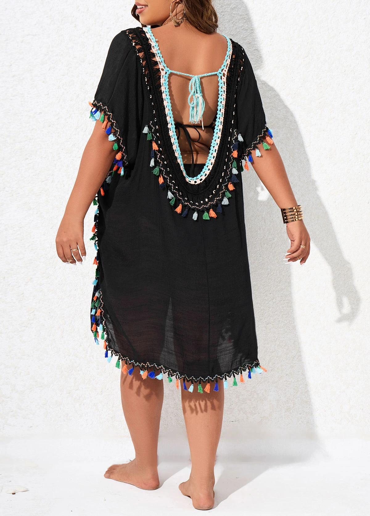V Neck Black Plus Size Tassel Cover Up 2 V Neck Black Plus Size Tassel Cover Up - Image 2