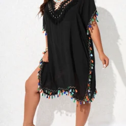 V Neck Black Plus Size Tassel Cover Up 9 V Neck Black Plus Size Tassel Cover Up -Rosewe Online Store 327047 P 16786917335474