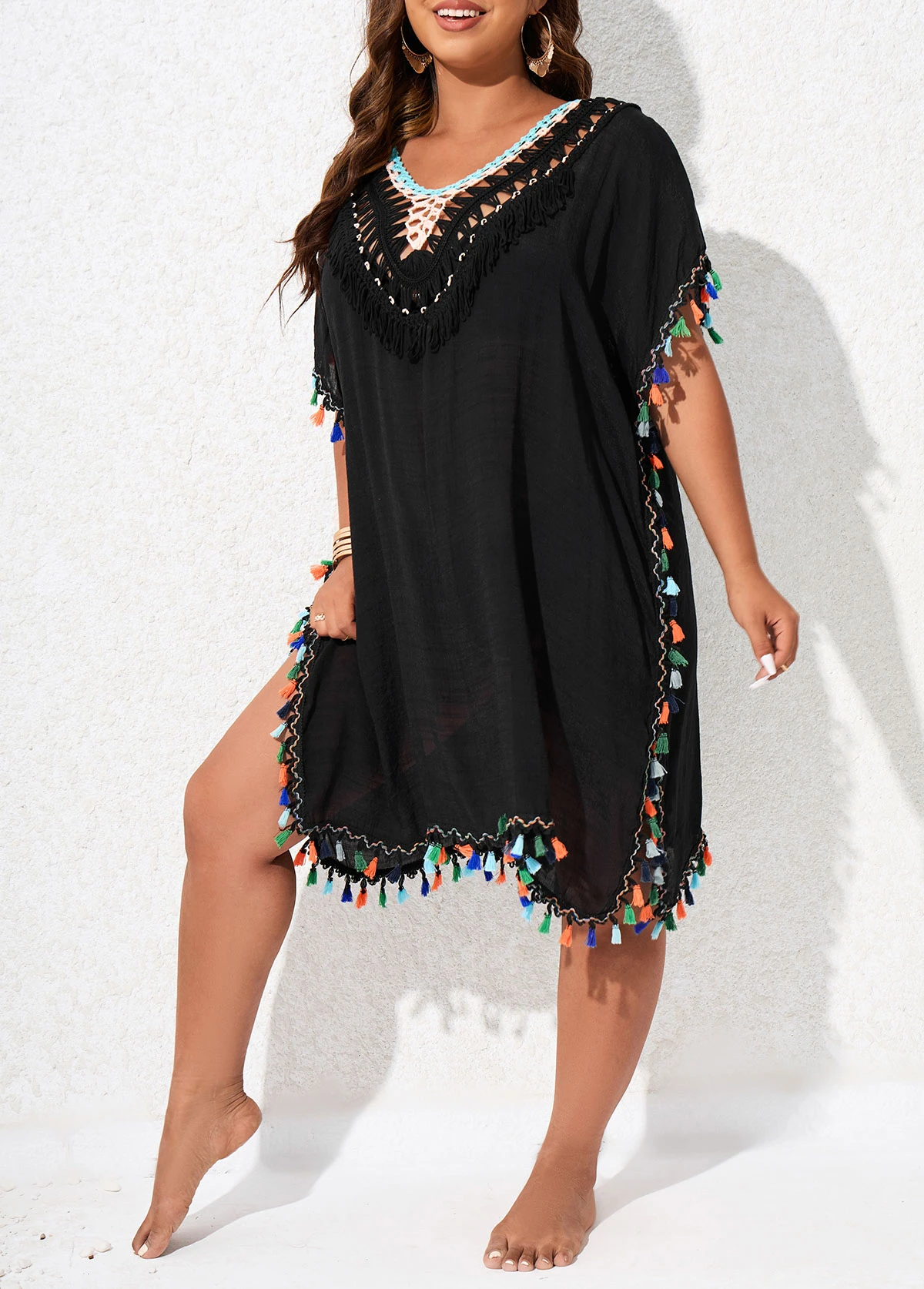 V Neck Black Plus Size Tassel Cover Up 5 V Neck Black Plus Size Tassel Cover Up - Image 5