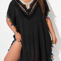 V Neck Black Plus Size Tassel Cover Up