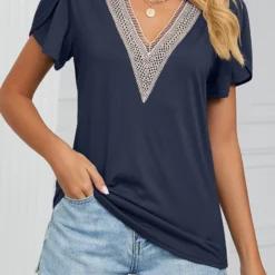 Navy V Neck Short Sleeve Patchwork T Shirt