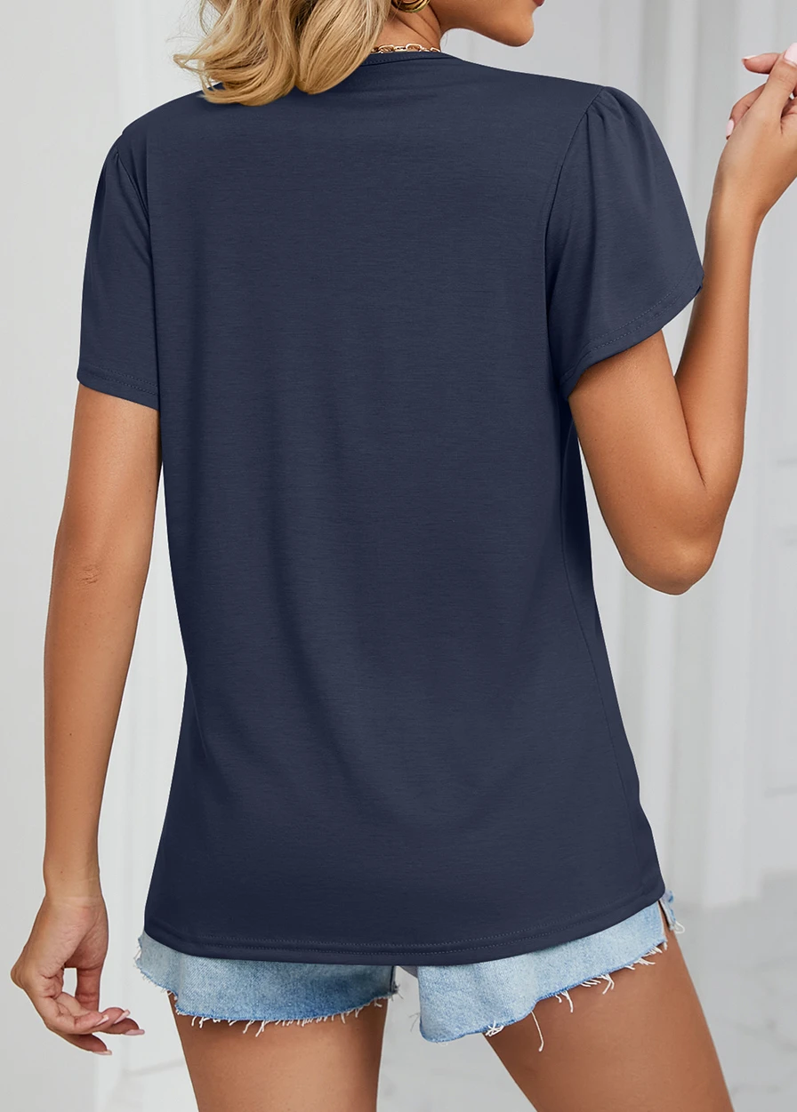 Navy V Neck Short Sleeve Patchwork T Shirt 2 Navy V Neck Short Sleeve Patchwork T Shirt - Image 2