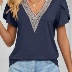 Navy V Neck Short Sleeve Patchwork T Shirt 7 Navy V Neck Short Sleeve Patchwork T Shirt -Rosewe Online Store 327056 P 1676857079674