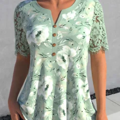Floral Print Lace Sage Green Split Neck Blouse
