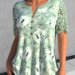 Floral Print Lace Sage Green Split Neck Blouse 5 Floral Print Lace Sage Green Split Neck Blouse -Rosewe Online Store 327186 P 1676963137709