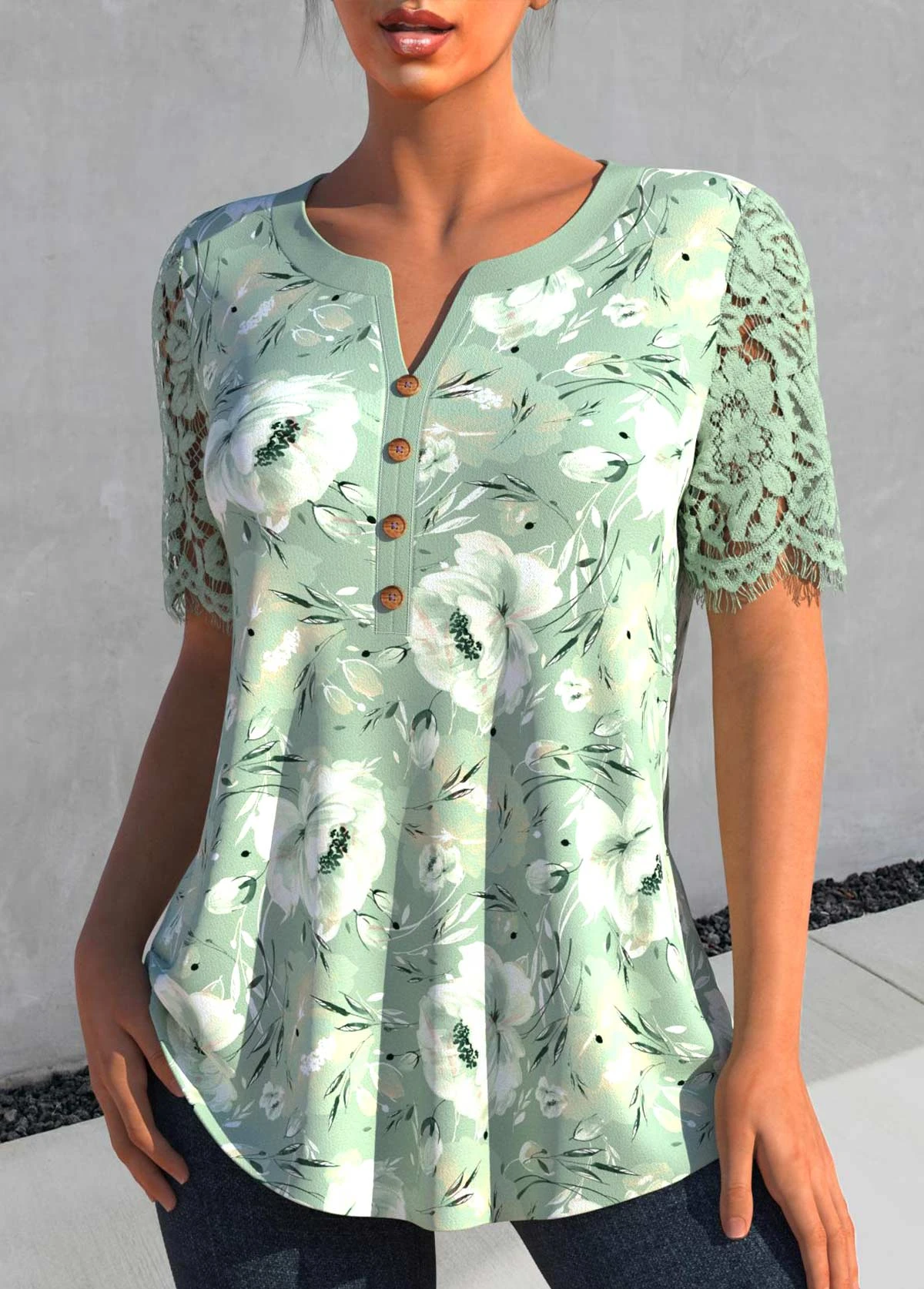 Floral Print Lace Sage Green Split Neck Blouse 3 Floral Print Lace Sage Green Split Neck Blouse - Image 3