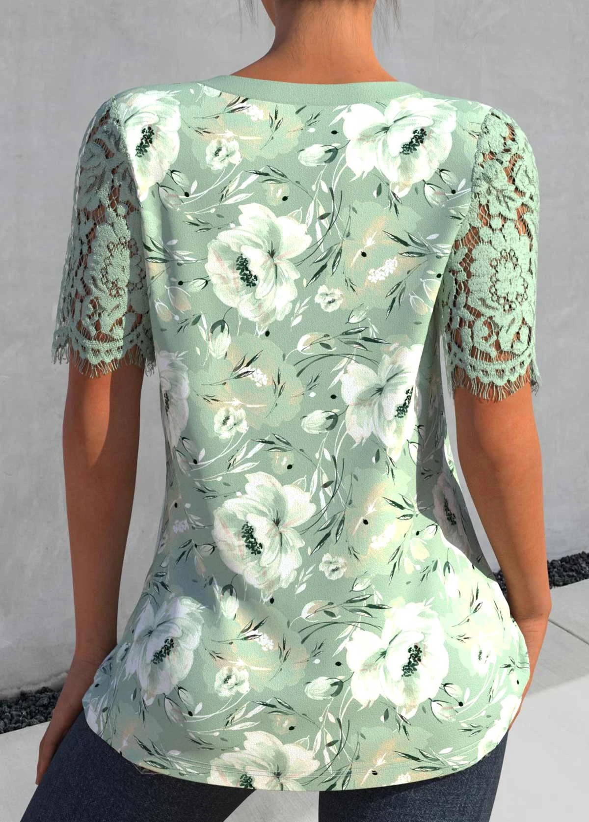 Floral Print Lace Sage Green Split Neck Blouse 2 Floral Print Lace Sage Green Split Neck Blouse - Image 2