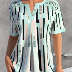 Striped Lace Green Split Neck Short Sleeve Blouse