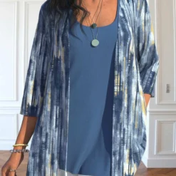 Scoop Neck Tank Top And Dusty Blue Cardigan