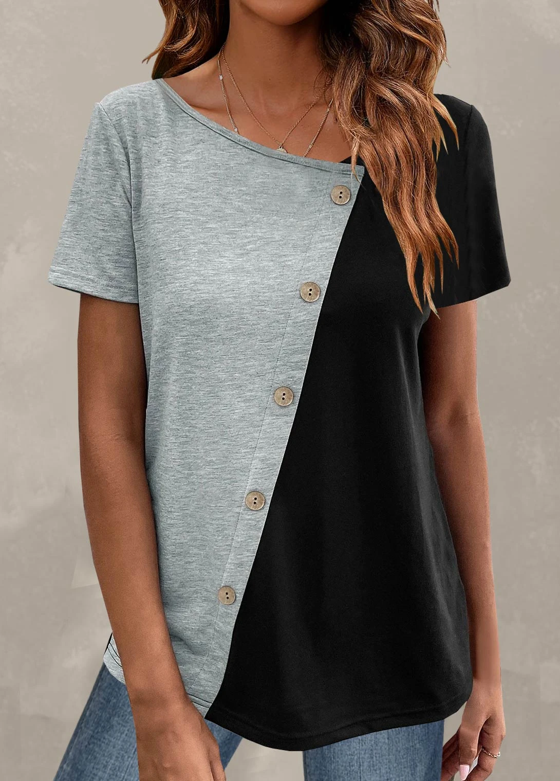 Plus Size Light Grey Marl Button T Shirt 4 Plus Size Light Grey Marl Button T Shirt - Image 4