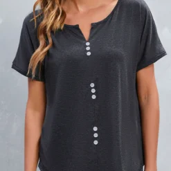 Dark Grey Split Neck Button T Shirt 11 Dark Grey Split Neck Button T Shirt -Rosewe Online Store 327804 P 16798866971435