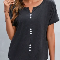 Dark Grey Split Neck Button T Shirt