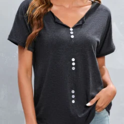 Dark Grey Split Neck Button T Shirt 9 Dark Grey Split Neck Button T Shirt -Rosewe Online Store 327804 P 16798866978060