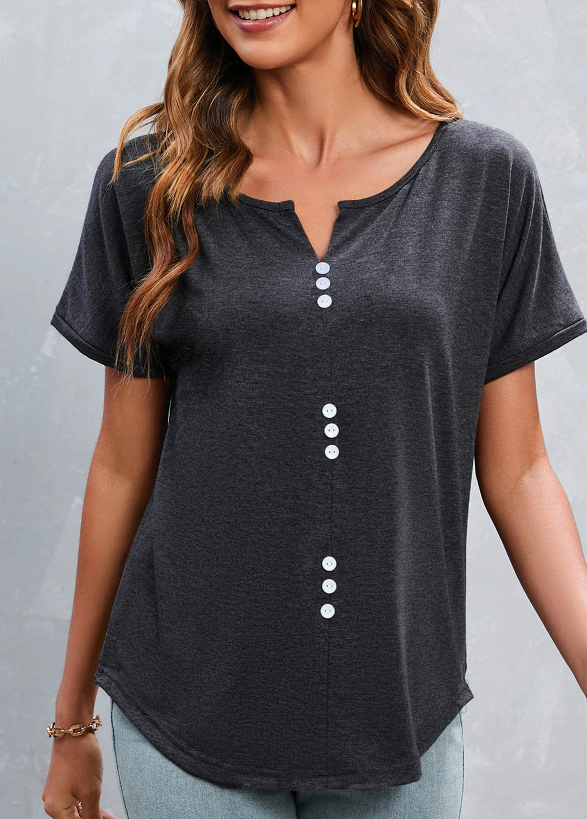 Dark Grey Split Neck Button T Shirt 5 Dark Grey Split Neck Button T Shirt - Image 5