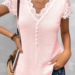 Plus Size Pink Lace Short Sleeve T Shirt