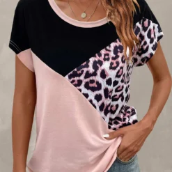 Light Pink Leopard Round Neck T Shirt