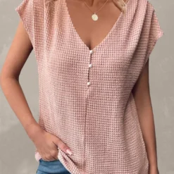 V Neck Button Dusty Pink T Shirt