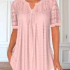 Pink Split Neck Short Sleeve Lace Blouse