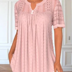 Pink Split Neck Short Sleeve Lace Blouse 5 Pink Split Neck Short Sleeve Lace Blouse -Rosewe Online Store 328154 P 1688459487345