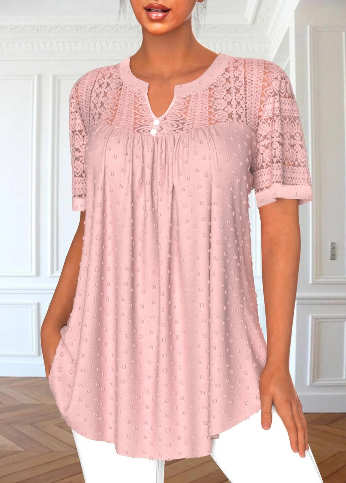 Pink Split Neck Short Sleeve Lace Blouse 3 Pink Split Neck Short Sleeve Lace Blouse - Image 3