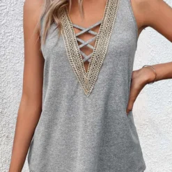 Criss Cross V Neck Grey Tank Top
