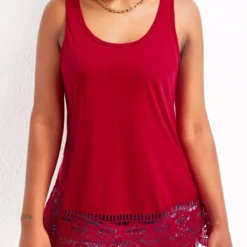 Red Scoop Neck Strappy Lace Tank Top