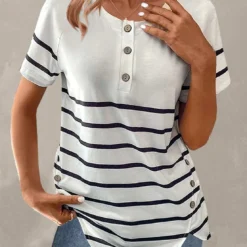 Plus Size White Button Striped T Shirt