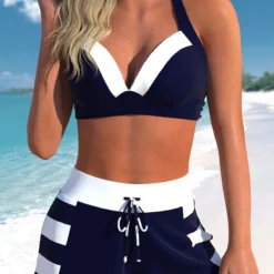 High Waisted Navy Plus Size Striped Bikini Set