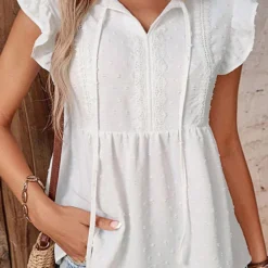 White Tie Collar Short Sleeve Ruffle Blouse