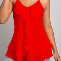 Red Scoop Neck Strappy Ruffle Camisole Top