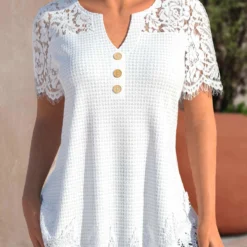 White Split Neck Short Sleeve Lace T Shirt