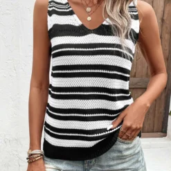 Striped Patchwork Black V Neck Sweater Vest 8 Striped Patchwork Black V Neck Sweater Vest -Rosewe Online Store 329516 P 16818030023212