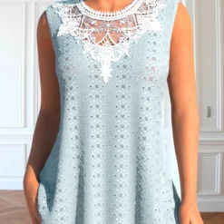 Dusty Blue Round Neck Patchwork Tank Top