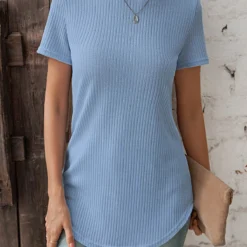 Button Dusty Blue Round Neck T Shirt