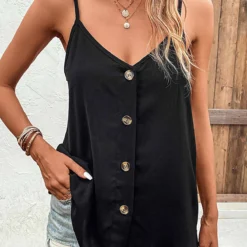 Black V Neck Button Camisole Top -Rosewe Online Store 329820 P 16824686949884