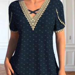 Embroidery Patchwork Navy V Neck T Shirt