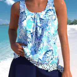 Plus Size High Waisted Blue Floral Print Tankini Set