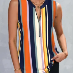 Striped Zipper Multi Color Split Neck Tank Top