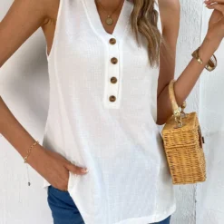 White V Neck Button Tank Top