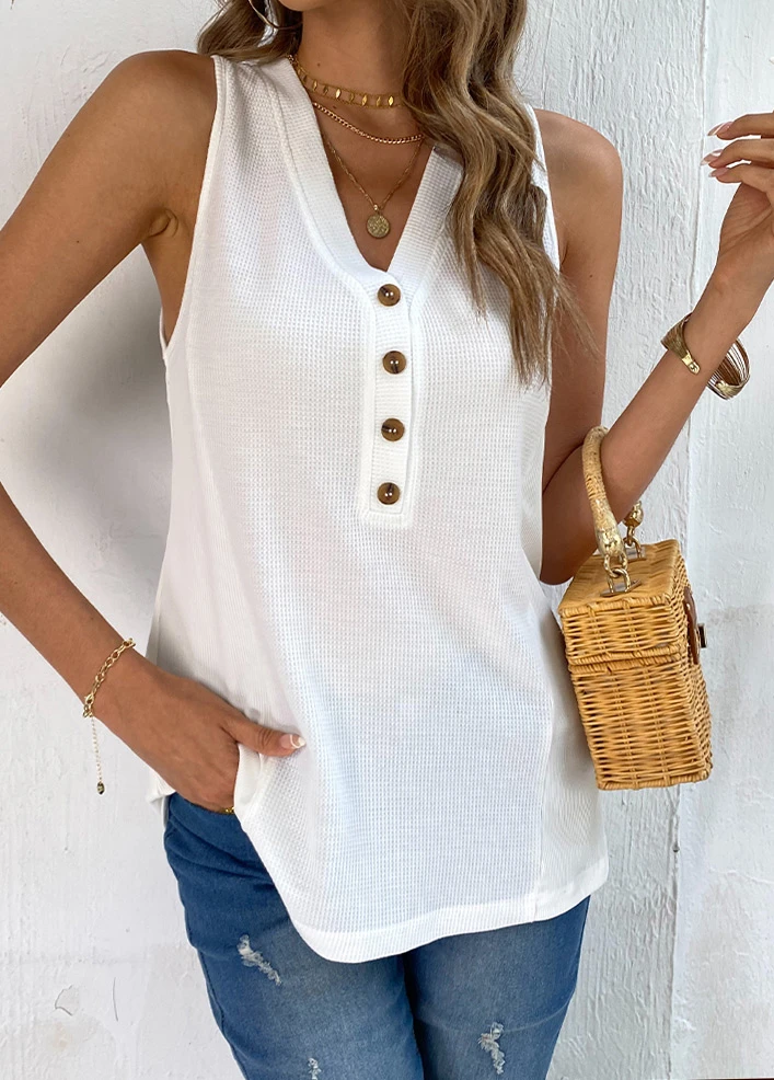 White V Neck Button Tank Top 1 White V Neck Button Tank Top
