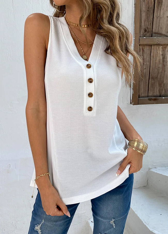 White V Neck Button Tank Top 3 White V Neck Button Tank Top - Image 3