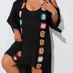 Black Patchwork Plus Size Weave Cover Up