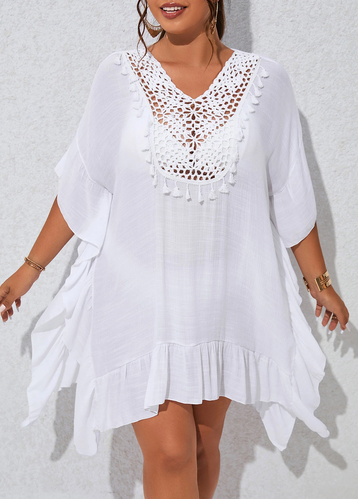 Patchwork White Plus Size Tassel Cover Up 4 Patchwork White Plus Size Tassel Cover Up - Image 4