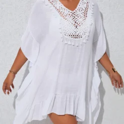 Patchwork White Plus Size Tassel Cover Up