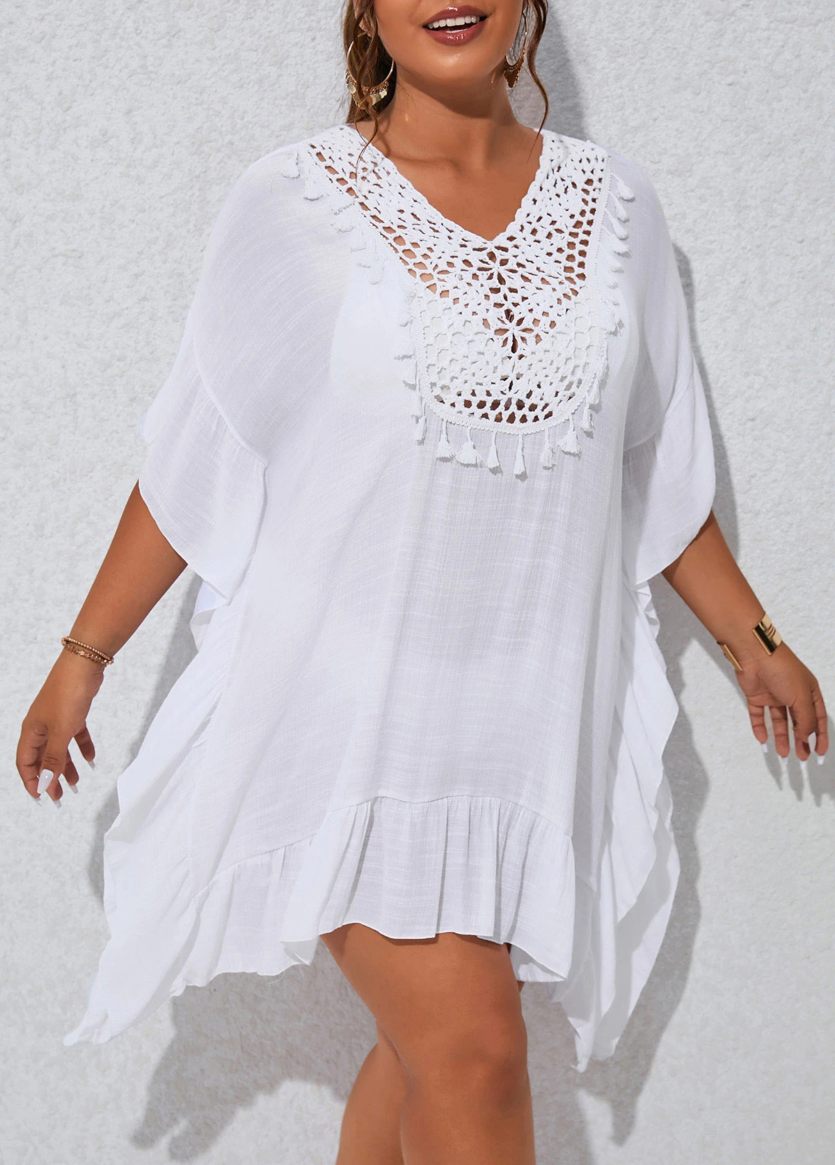Patchwork White Plus Size Tassel Cover Up 1 Patchwork White Plus Size Tassel Cover Up