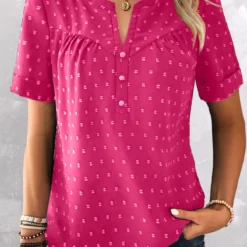 Plus Size Hot Pink Button Short Sleeve Blouse