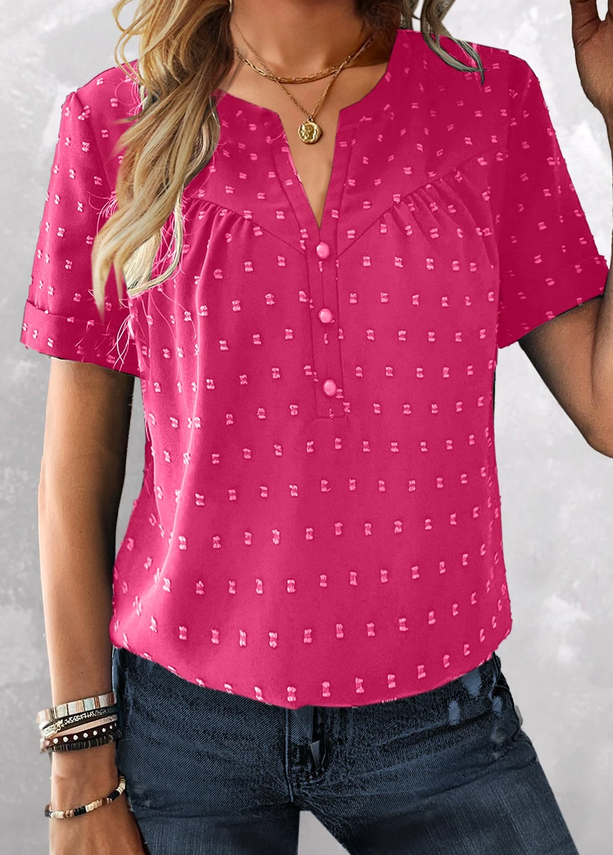 Plus Size Hot Pink Button Short Sleeve Blouse 3 Plus Size Hot Pink Button Short Sleeve Blouse - Image 3