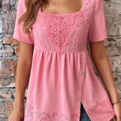 Pink Square Neck Short Sleeve Button Blouse